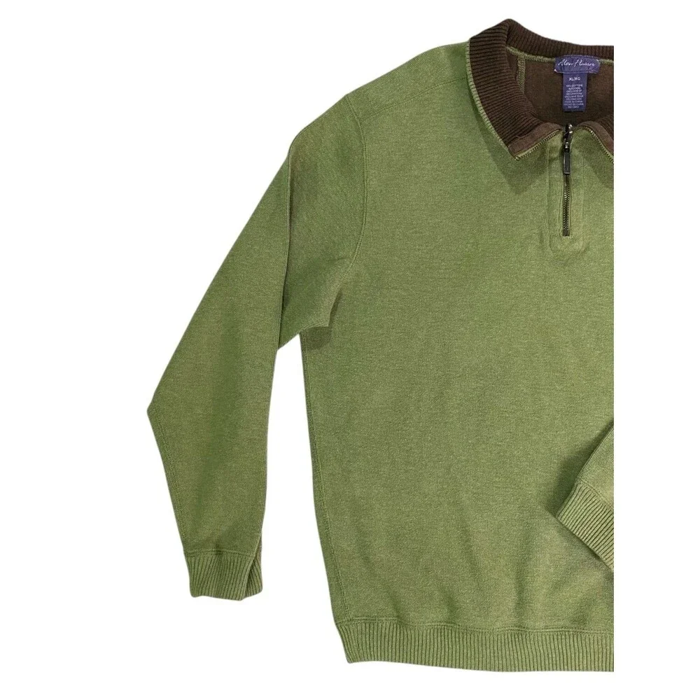 Alan Flusser Mens XL Reversible 1/4 Zip Pullover Sweater Green Brown Cotton